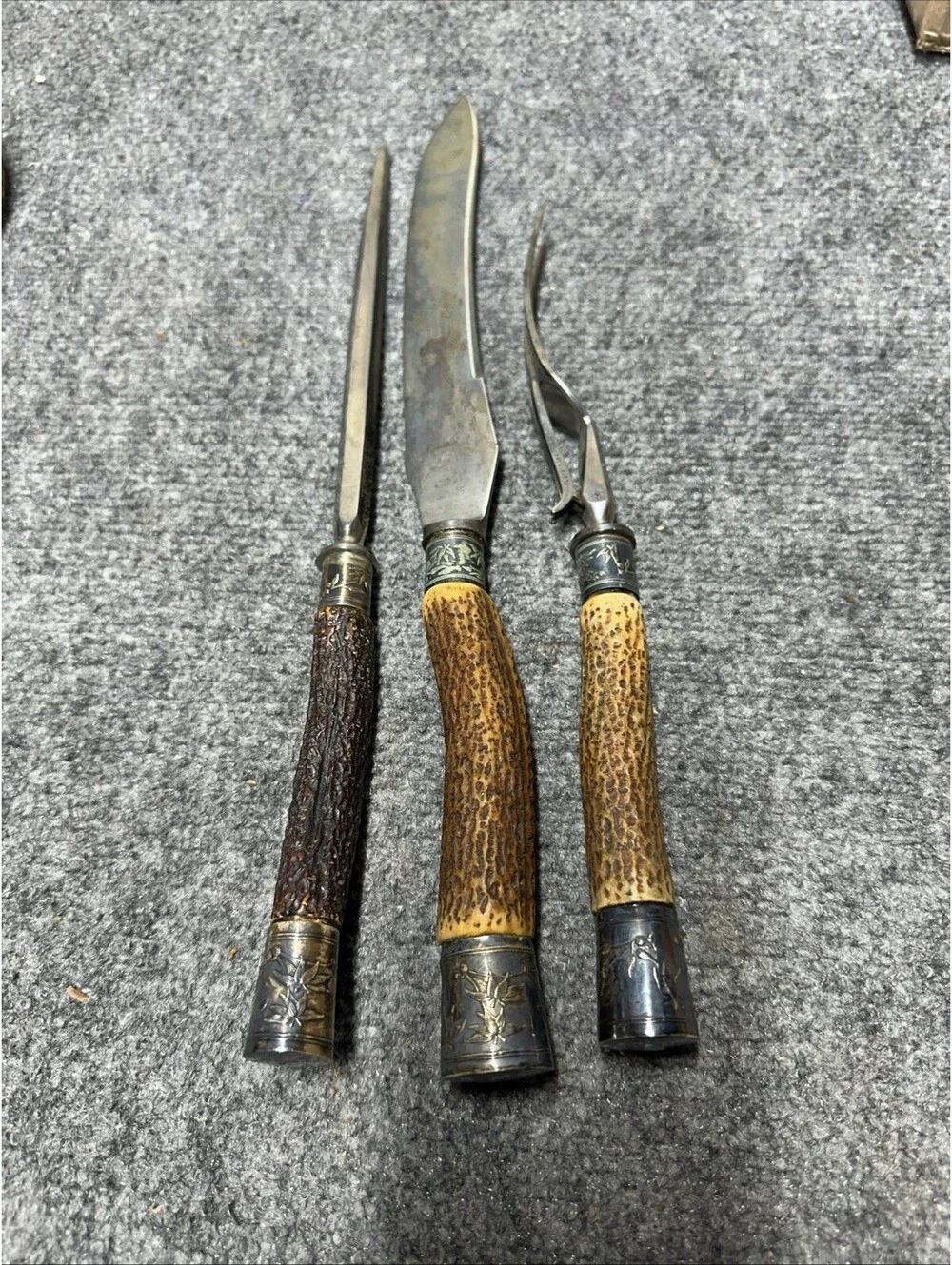 VTG Harrison Bros & Howson 3pc Carving Set Stag Horn Handles Engraved Case